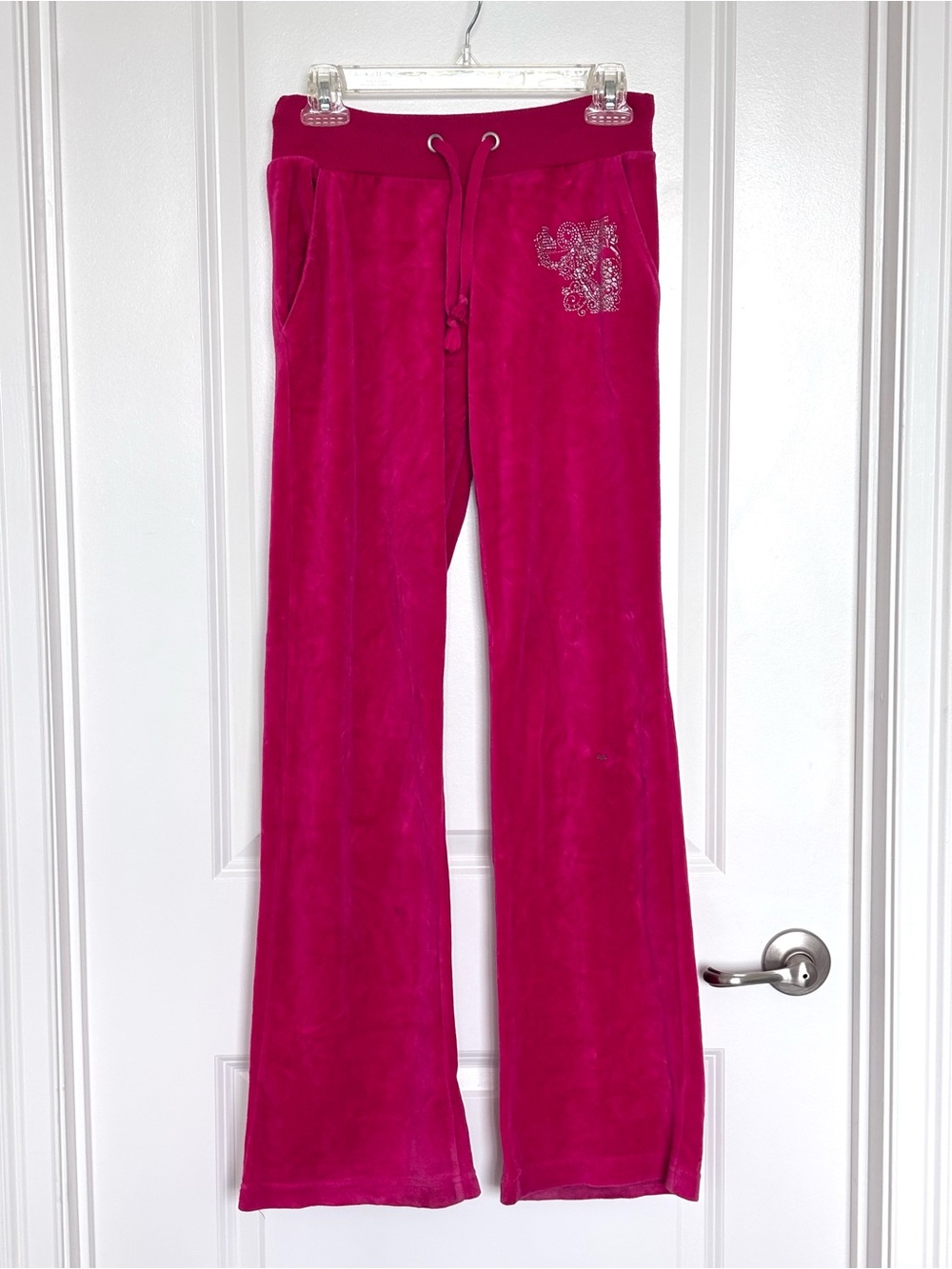 Vintage Y2K One Love Hot Pink Velour Rhinestone Hoodie Flare Pants Set Small XS - Picture 10 of 16